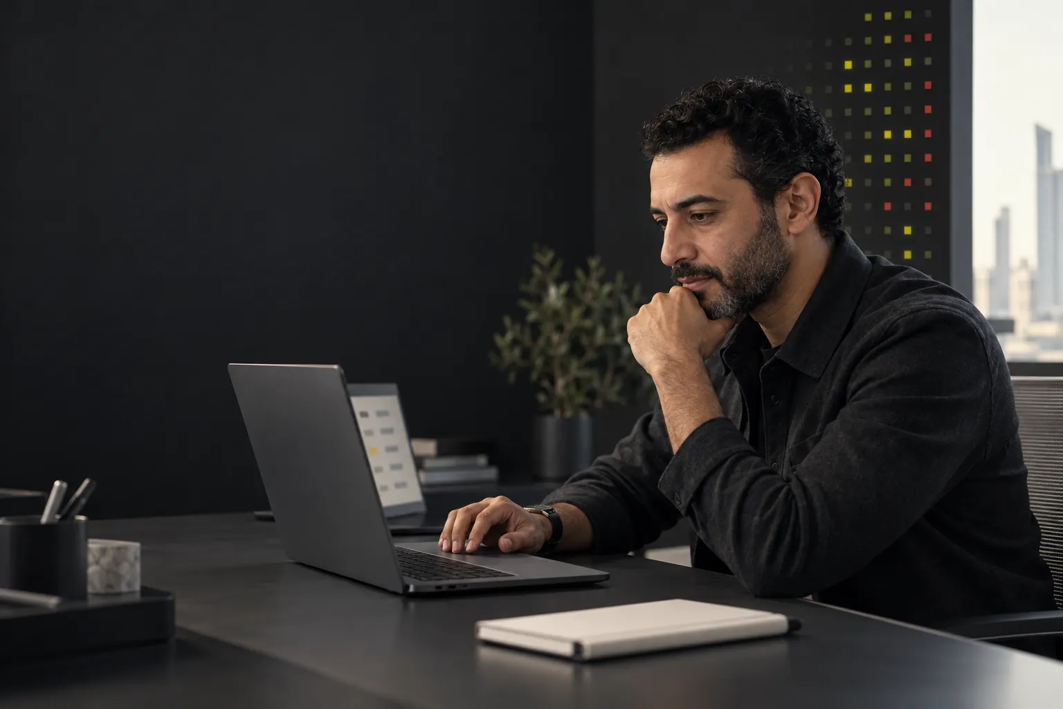 A finance manager reviewing agent-prepared drafts on his laptop